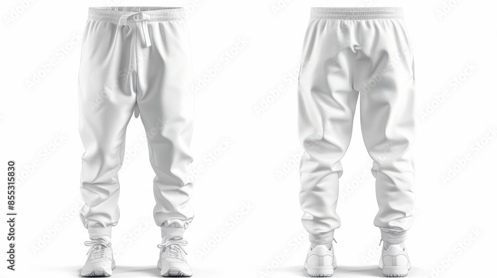 3D rendering of blank white mens pants mockup showing front and back views Isolated empty template of daily male trackpants with belt 3D rendering of blank white mens pants mockup showing front and back views Isolated empty template of daily male trackpants with belt
