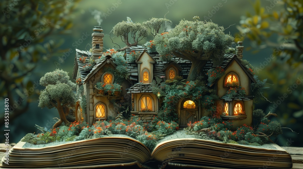 Obraz premium A miniature fairytale house with glowing windows sits nestled among lush greenery on an open book, creating a magical and enchanting scene.