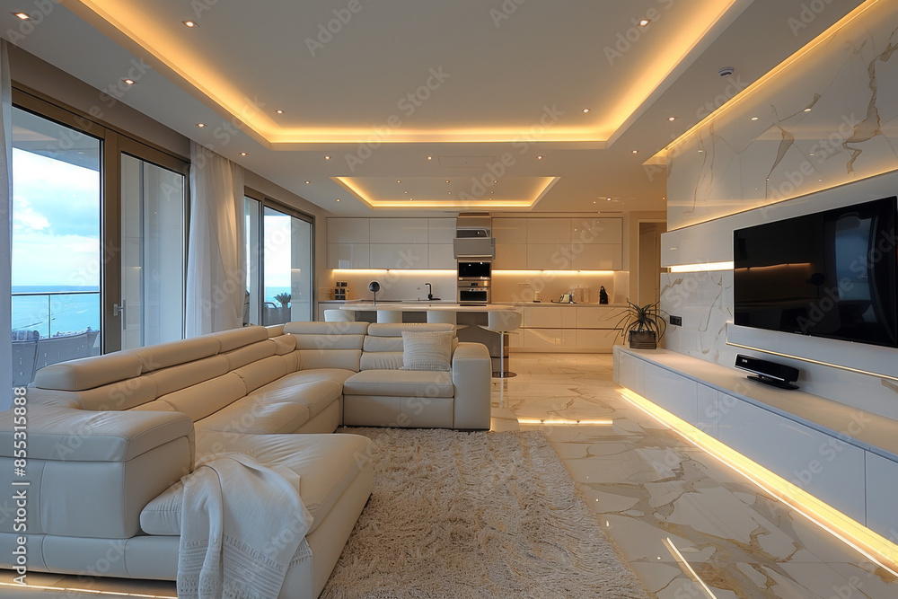 Fototapeta premium Modern White Living Room and Kitchen