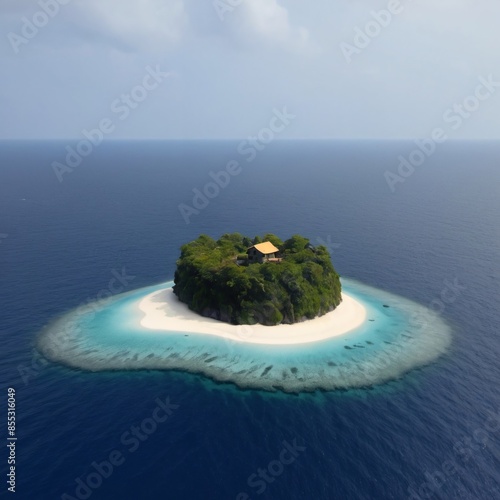 An island surrounded by a vast expanse of deep blue ocean. The island is covered in lush green vegetation and boasts a pristine white sandy beach encircling its perimeter. A single, small house is nes photo