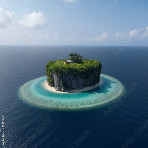 An island surrounded by a vast expanse of deep blue ocean. The island is covered in lush green vegetation and boasts a pristine white sandy beach encircling its perimeter. A single, small house is nes photo