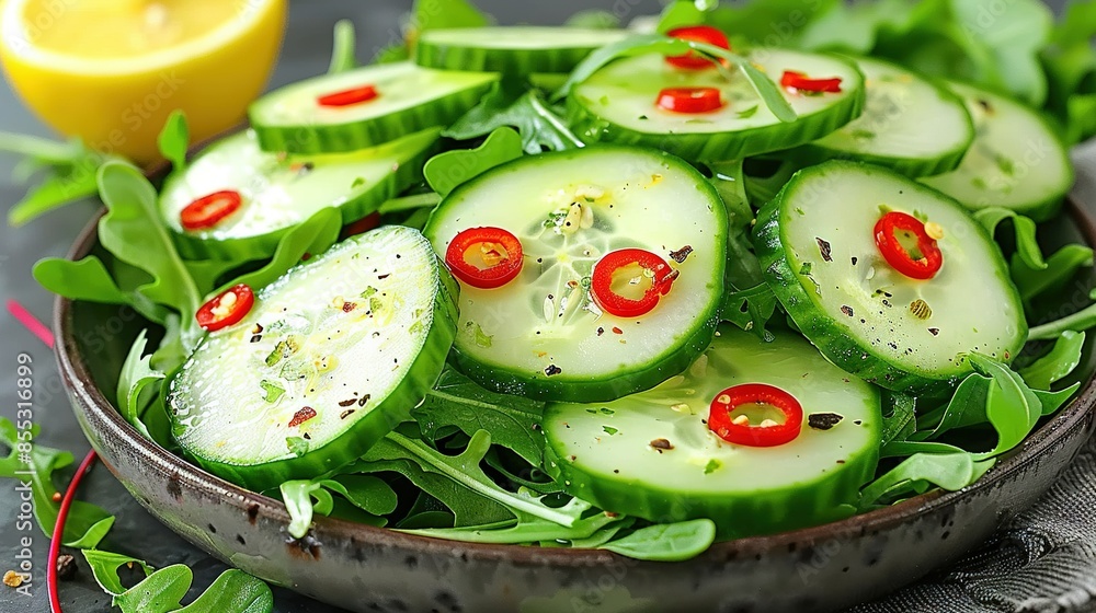 Cucumber salad on bed of lettuce with lemon wedge Cucumber salad on bed of lettuce with lemon wedge