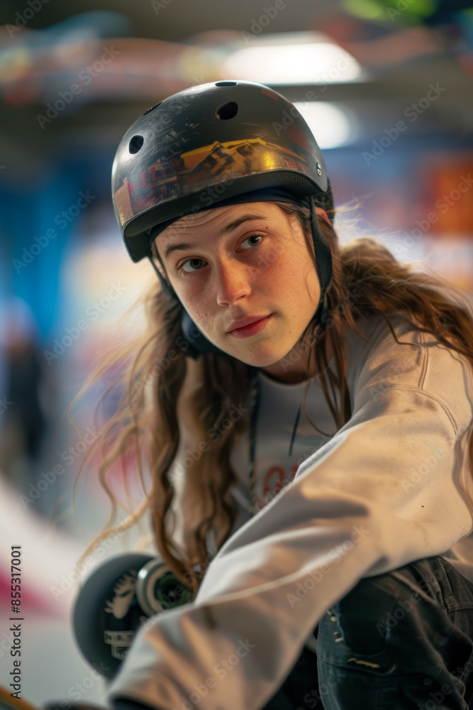 Young Female Skateboarder Preparing for Competition with Focus and Determination Young Female Skateboarder Preparing for Competition with Focus and Determination