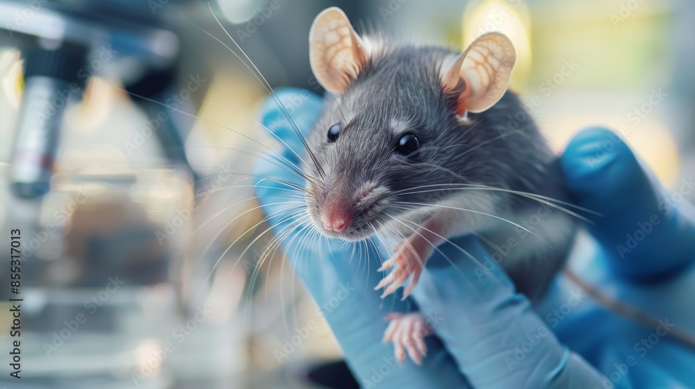 A laboratory rat perched on a gloved hand A laboratory rat perched on a gloved hand