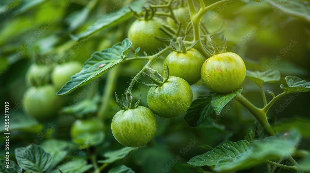 Garden with ripe green tomatoes Garden with ripe green tomatoes