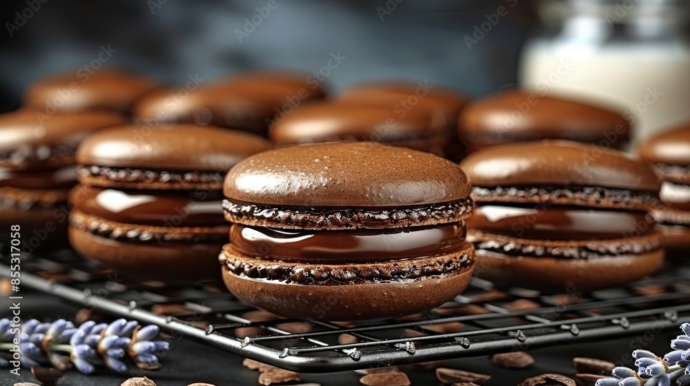 A group of chocolate macaroons resting on a cooling tray with lavender nearby and a bottle of milk A group of chocolate macaroons resting on a cooling tray with lavender nearby and a bottle of milk