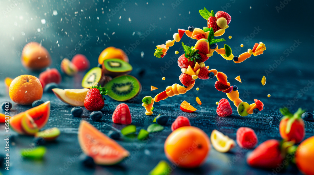 An image of a running man consisting of pieces of vegetables and fruits. An image of a running man consisting of pieces of vegetables and fruits.