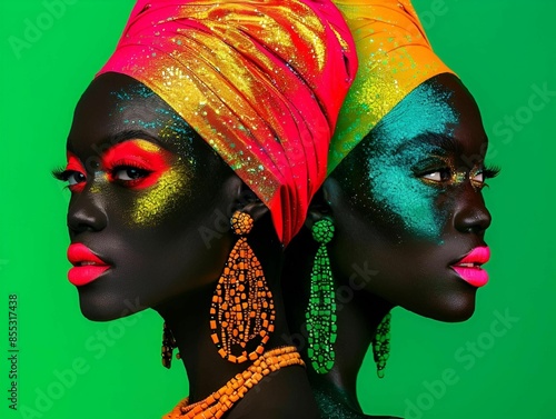 Two African women with vibrant makeup and headwraps posing back-to-back against a green background. photo