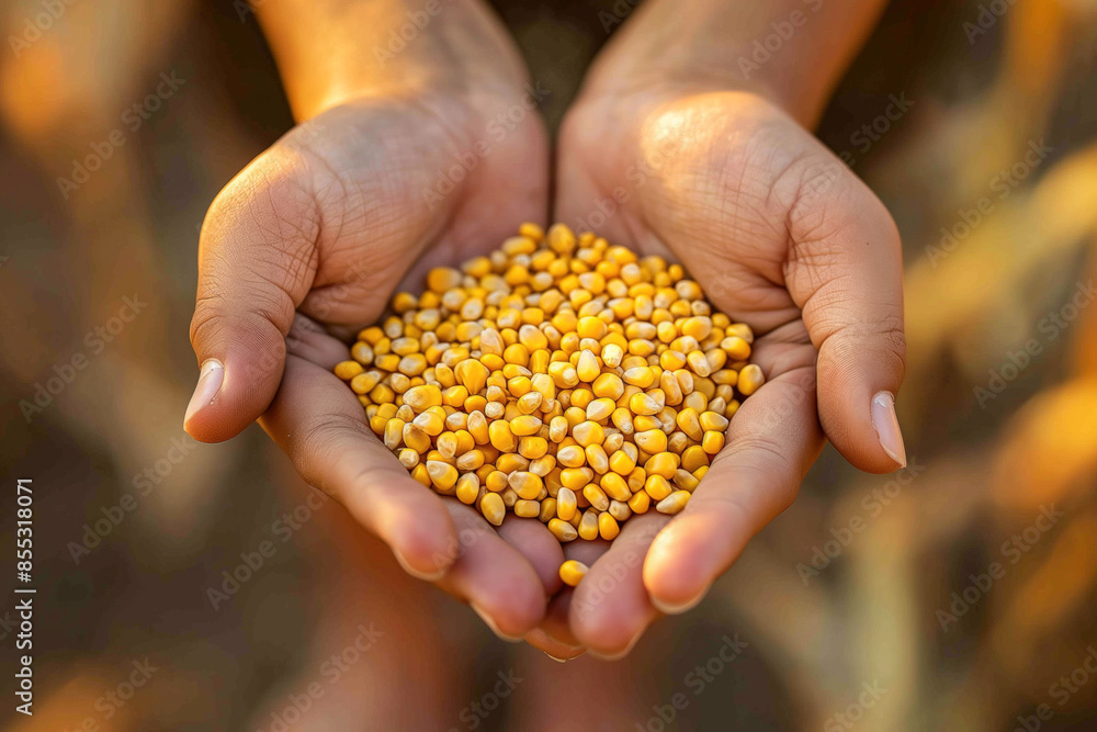 Close-up of hands holding a handful of kernel corn, symbolizing agriculture, farming, and sustainability. Ideal for promoting agricultural practices, sustainable farming, and healthy food production Close-up of hands holding a handful of kernel corn, symbolizing agriculture, farming, and sustainability. Ideal for promoting agricultural practices, sustainable farming, and healthy food production