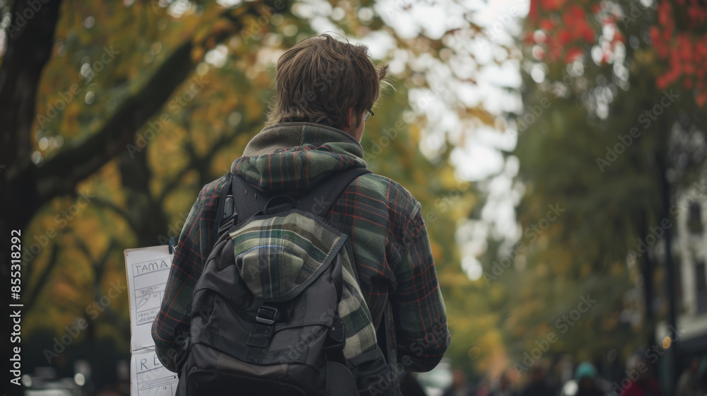 A young man with a backpack walks through a city street with autumn trees in the background A young man with a backpack walks through a city street with autumn trees in the background