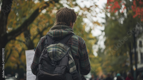 A young man with a backpack walks through a city street with autumn trees in the background