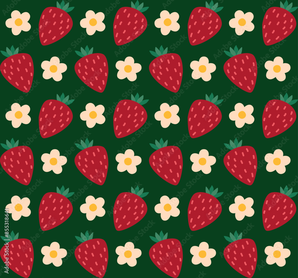 Seamless colorful pattern with cute strawberries and flowers. Vector background in flat style Seamless colorful pattern with cute strawberries and flowers. Vector background in flat style