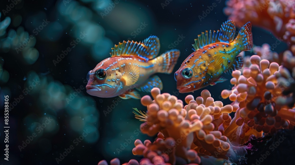 A Pair of Hawkfish Perched on Coral Against a Dark Background A Pair of Hawkfish Perched on Coral Against a Dark Background