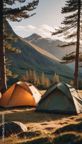 Camping tents nestled in a tranquil mountain meadow, with scenic hills and peaks enveloped in mist photo