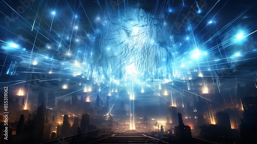 The scene is a dark and mysterious city. The sky is filled with bright lights, and the city is bathed in an eerie glow.