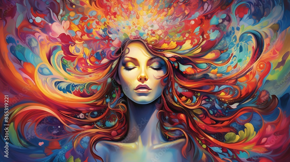 This is a painting of a woman with long, flowing hair. The hair is a rainbow of colors, and it seems to be blowing in the wind. This is a painting of a woman with long, flowing hair. The hair is a rainbow of colors, and it seems to be blowing in the wind.