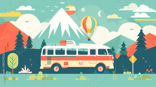 A vintage camper van drives through a beautiful mountainous landscape. The van is red and white, and there is a hot air balloon floating in the sky behind it