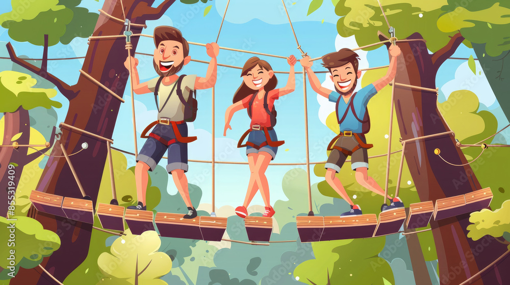 Obraz premium A cartoon image depicting three friends on an outdoor ropes course. The friends are smiling and appear to be having fun