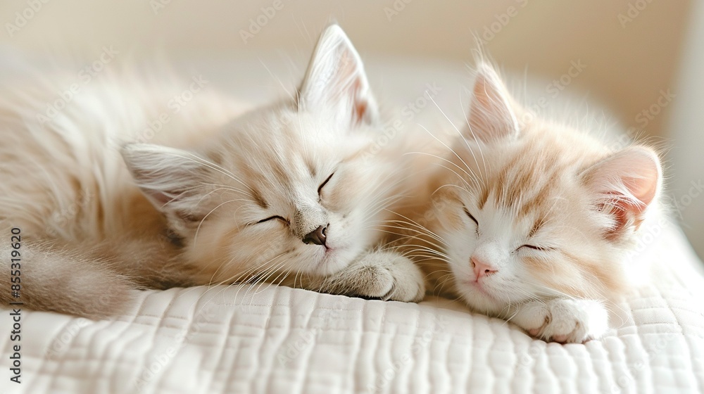 Two kittens lounging on a white blanket Two kittens lounging on a white blanket