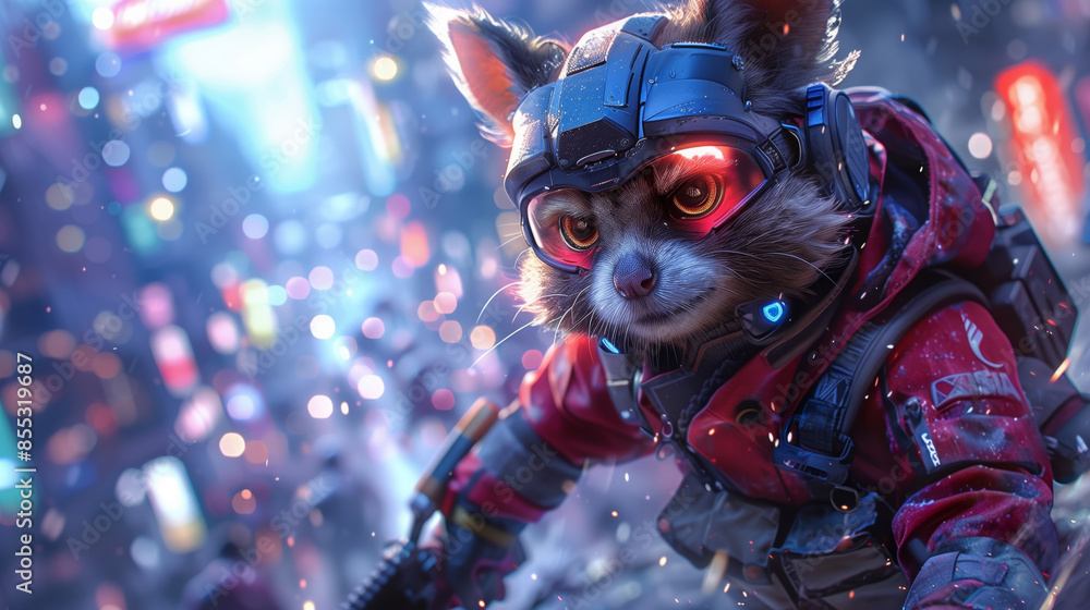 An anthropomorphic raccoon-like character stands in a futuristic city, wearing a red jacket and goggles with glowing red lenses. An anthropomorphic raccoon-like character stands in a futuristic city, wearing a red jacket and goggles with glowing red lenses.