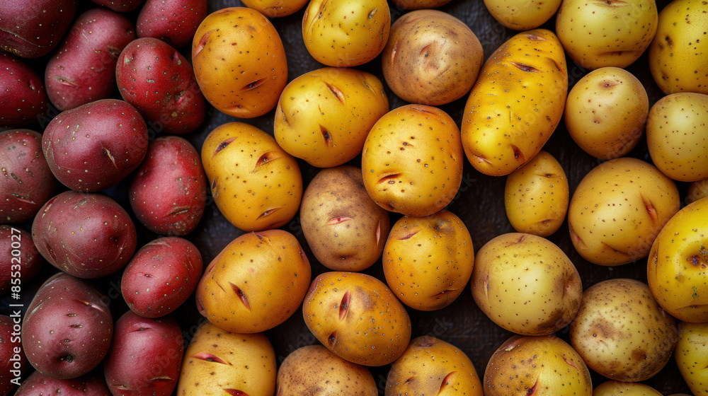 Variety of Fresh Potatoes: Red, Yellow, and Brown. National Potato Day and National Potato Month, food blogs, agricultural promotions, and healthy eating campaigns. Variety of Fresh Potatoes: Red, Yellow, and Brown. National Potato Day and National Potato Month, food blogs, agricultural promotions, and healthy eating campaigns.