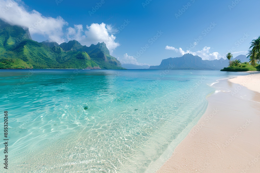 Fototapeta premium A stunning beach in French Polynesia with crystal clear waters and white sand, overlooking the green mountains of Borabori island