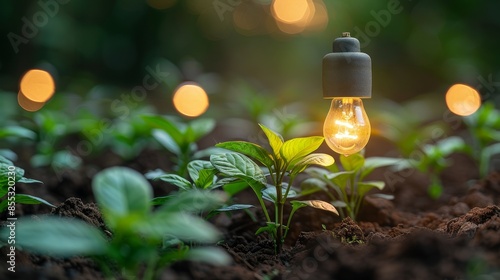 LED Bulb with lighting in the green nature - Eco friendly concept 