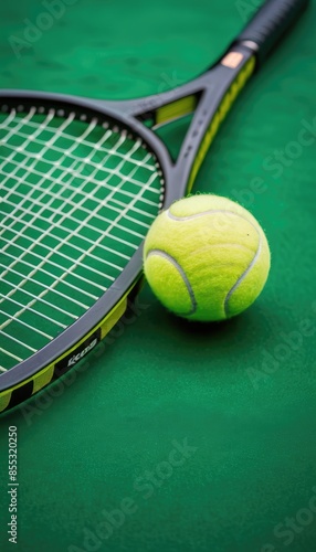A tennis racket and ball placed on a green court, symbolizing the sport's readiness photo
