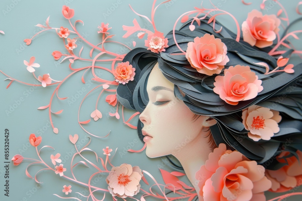 Elegant paper cutout illustration of a woman surrounded by blooming flowers and flowing hair Elegant paper cutout illustration of a woman surrounded by blooming flowers and flowing hair