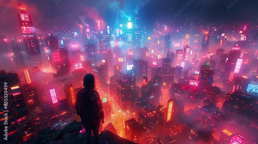 Digital art of a person on a cliff at night, gazing at a futuristic city. Neon lights and skyscrapers light up the hazy atmosphere. Digital art of a person on a cliff at night, gazing at a futuristic city. Neon lights and skyscrapers light up the hazy atmosphere.