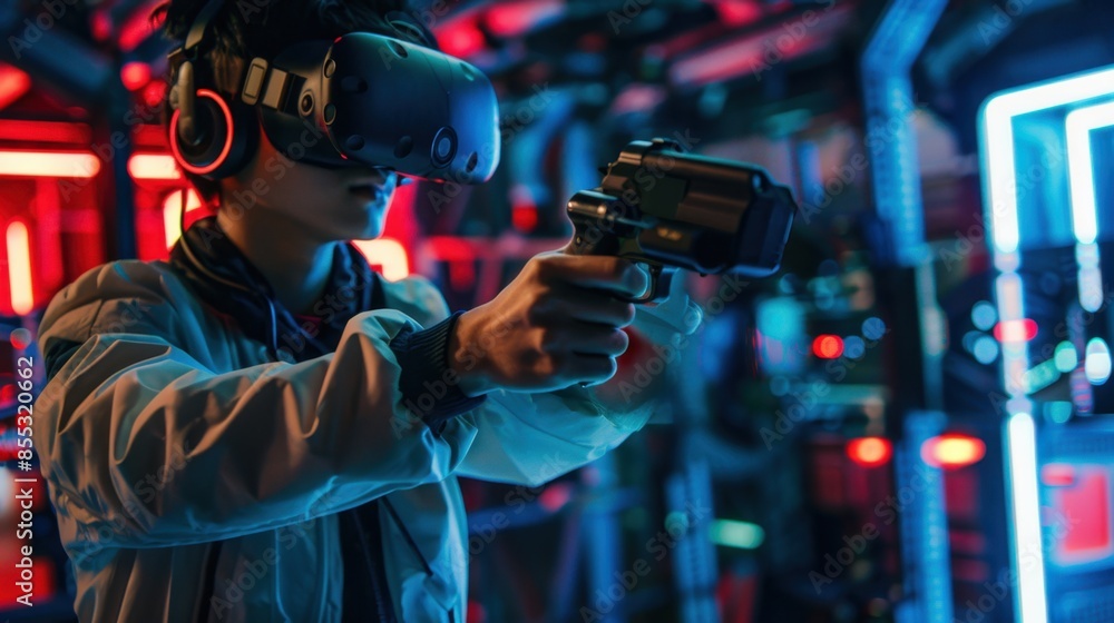A young person wearing a VR headset holds a virtual weapon in a dimly lit room with neon lights. A young person wearing a VR headset holds a virtual weapon in a dimly lit room with neon lights.