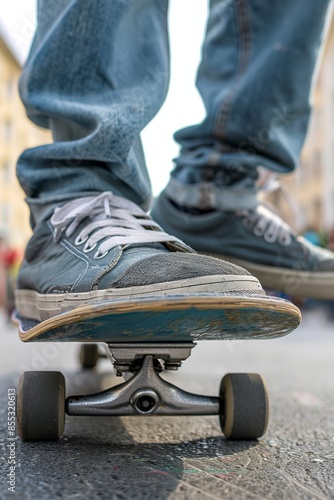 Close-Up of Young Skateboarder's Sneakers and Board on City Pavement - Urban Lifestyle & Skateboarding © spyrakot