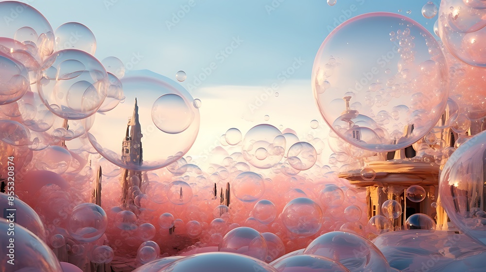 Obraz premium Surreal pink landscape with floating bubbles. 3D rendering.