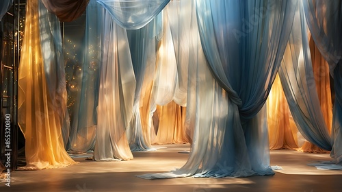 Light shines through the gaps in the blue and gold curtains. photo