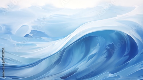Blue and white abstract painting. The painting has a wave-like pattern, with a large wave in the foreground and smaller waves in the background. photo