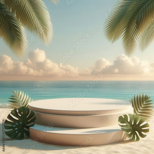 Podium background product green nature. Cosmetic background product podium display platform presentation mockup pedestal beach sea summer