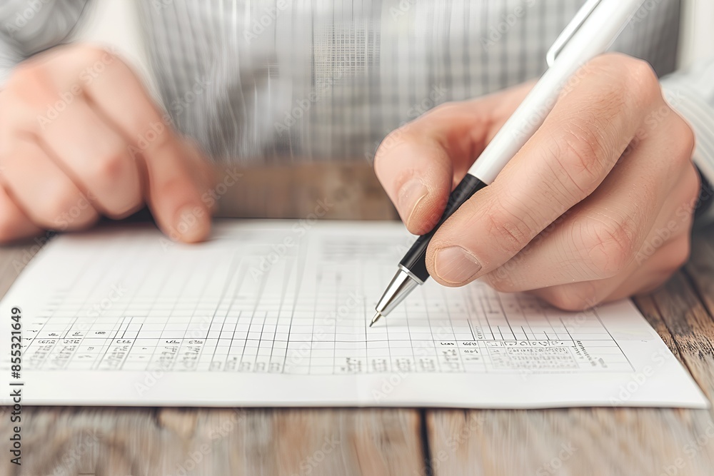 A person writing on paper with pen, hands closeup, hand holding white ballpoint pen is writing something in the text box of form, background wooden table, gray striped shirt A person writing on paper with pen, hands closeup, hand holding white ballpoint pen is writing something in the text box of form, background wooden table, gray striped shirt