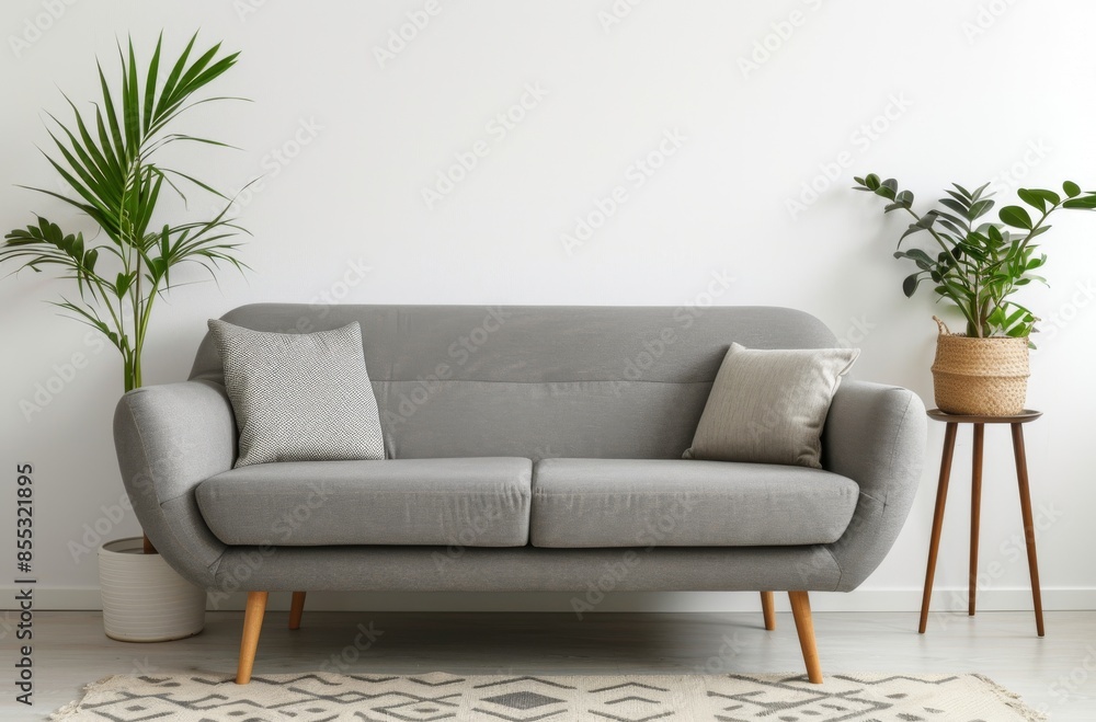 Fototapeta premium Modern grey sofa against a white wall in a minimalist living room with indoor plants