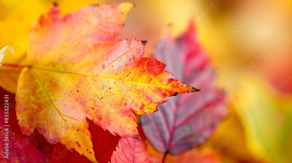 Vibrant red, orange, and yellow autumn leaves in closeup detail on a sunny day. Vibrant red, orange, and yellow autumn leaves in closeup detail on a sunny day.