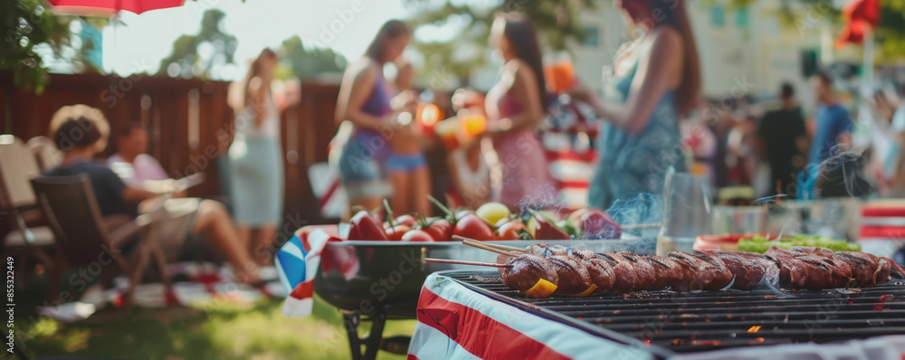 Obraz premium Summer barbecue party in a backyard with friends enjoying food and drinks. Grilled meats on the BBQ and people socializing.