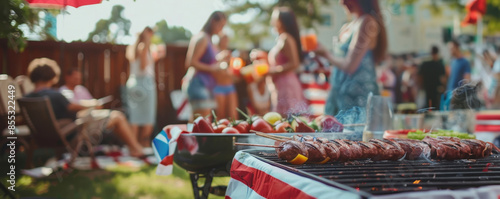 Summer barbecue party in a backyard with friends enjoying food and drinks. Grilled meats on the BBQ and people socializing.