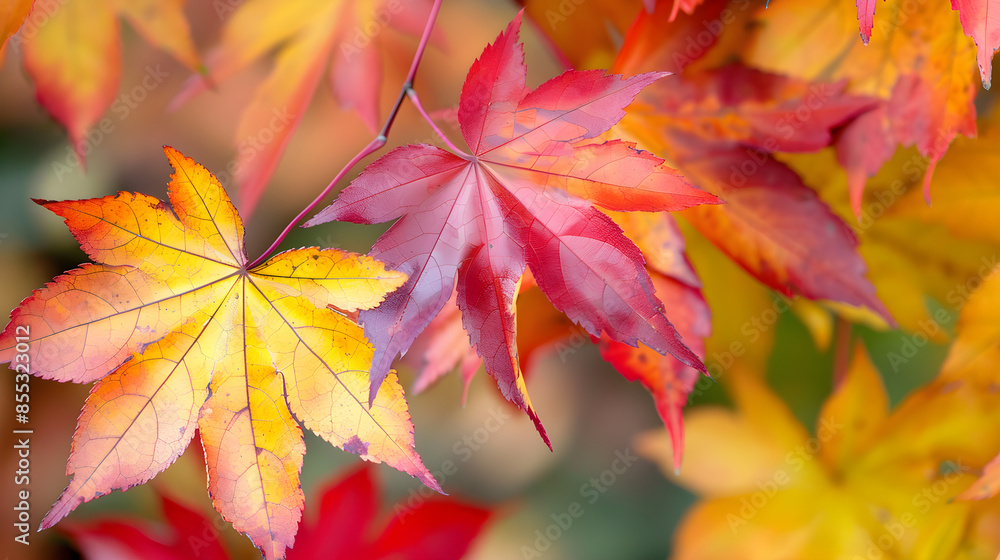 Vibrant autumn leaves in shades of orange, red, and yellow arranged in closeup composition. Vibrant autumn leaves in shades of orange, red, and yellow arranged in closeup composition.