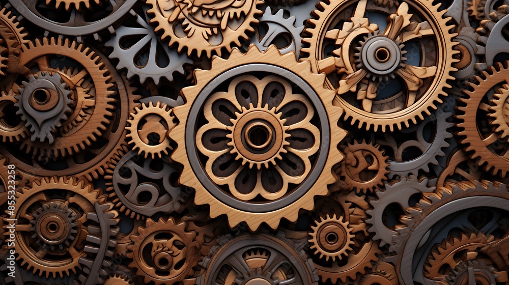 The image is a close-up of a variety of gears made of wood and metal. The gears are meshed together and appear to be in motion. The image is a close-up of a variety of gears made of wood and metal. The gears are meshed together and appear to be in motion.