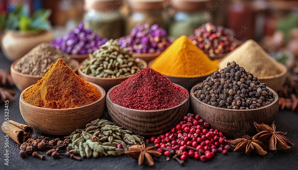 Vibrant spices in wooden bowls displayed on a table, highlighting the rich colors and textures of each spice Vibrant spices in wooden bowls displayed on a table, highlighting the rich colors and textures of each spice