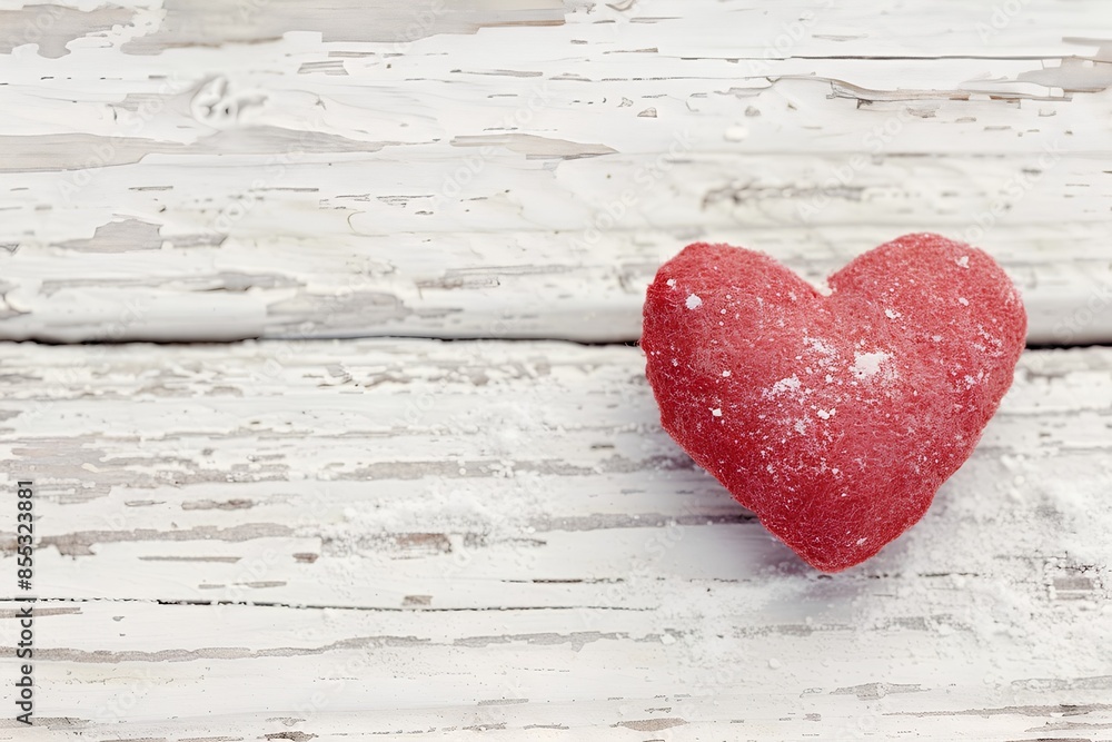 A red heartshaped candy on white wooden table, with copy space for text or design. Valentine's Day theme background. White rustic wood surface, close up view. Valentine concept A red heartshaped candy on white wooden table, with copy space for text or design. Valentine's Day theme background. White rustic wood surface, close up view. Valentine concept
