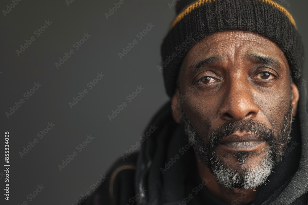Homeless man wearing beanie looking concerned on gray background Homeless man wearing beanie looking concerned on gray background