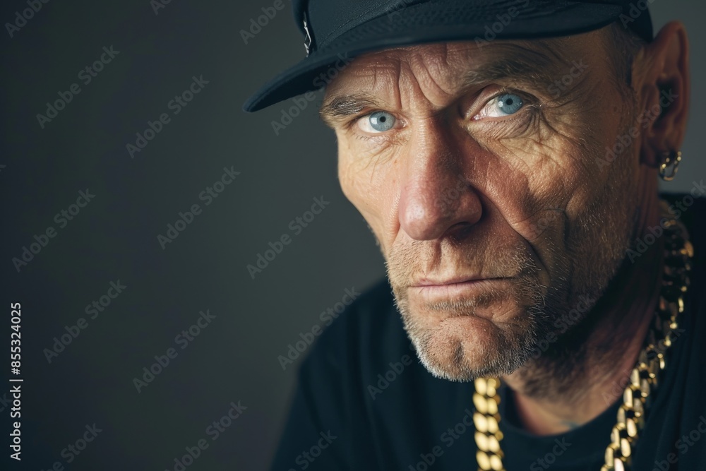 Serious mature man with gold chain wearing black clothes and black cap looking at camera Serious mature man with gold chain wearing black clothes and black cap looking at camera