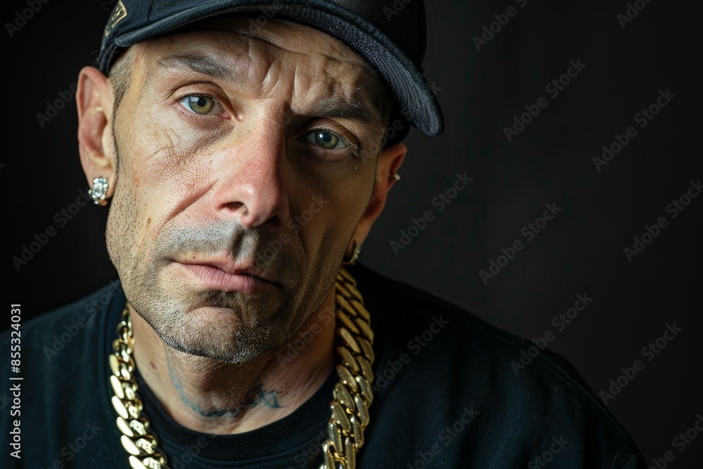 Rapper wearing gold chain and baseball cap posing on black background Rapper wearing gold chain and baseball cap posing on black background