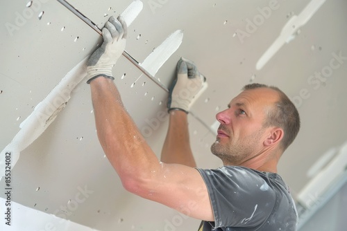 Construction worker installing plasterboard or drywall to ceiling using t-square