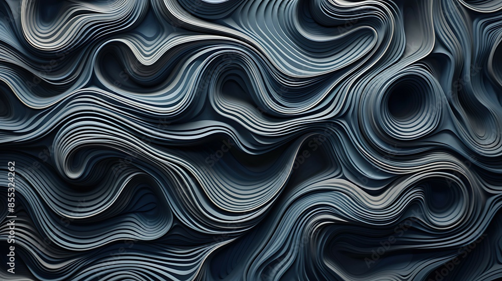 3D rendering of a wavy surface with a dark blue and gray color scheme. The image has a futuristic and abstract feel to it. 3D rendering of a wavy surface with a dark blue and gray color scheme. The image has a futuristic and abstract feel to it.